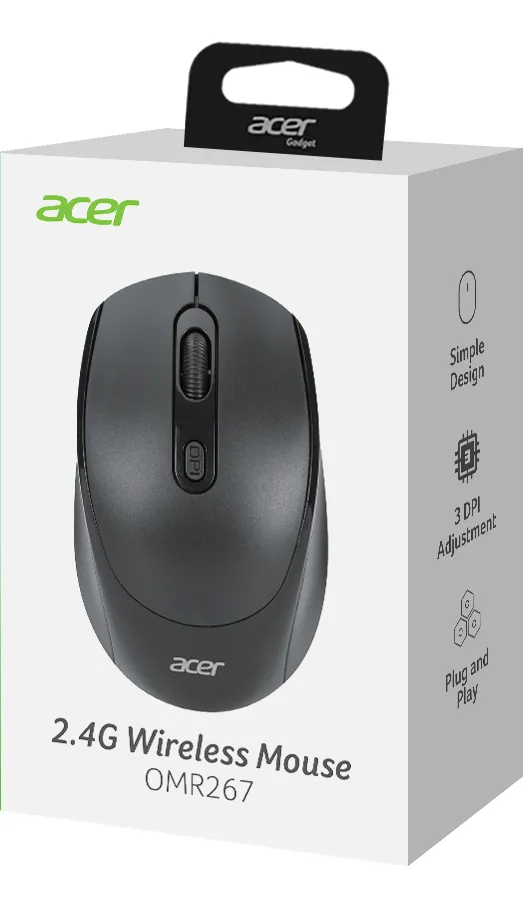 MOUSE | ACER | OMR267 BK | OPTICO INALAMBRICO | DE BATERIA | USB 2.4G 800/1000/1600 | DPI | NEGRO