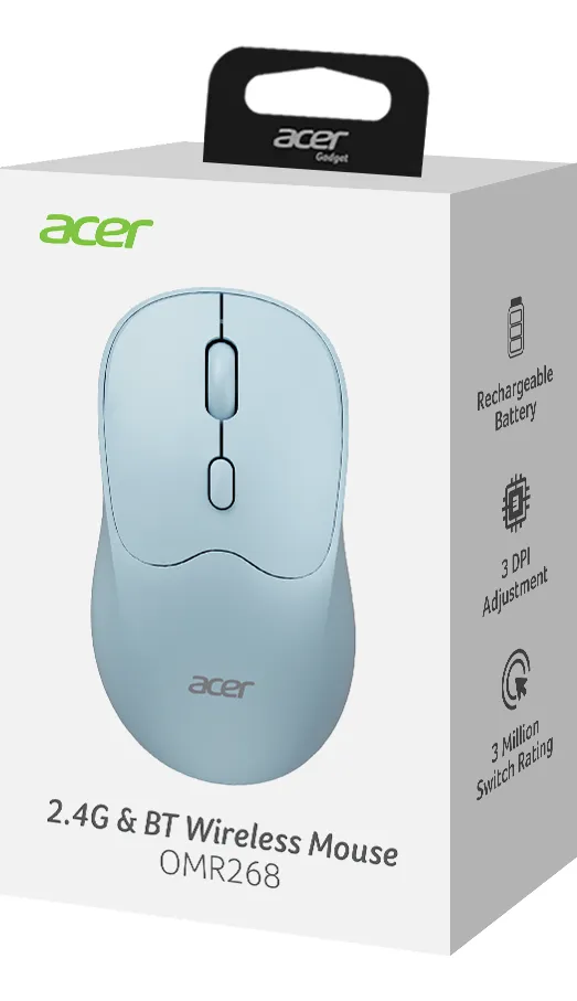MOUSE | ACER | OMR268 BL | INALAMBRICO | RECARGABLE | DOBLE MODO | 2.4G/BLUETOOTH | TYPE-C 800/1200/1600 | DPI | AZUL
