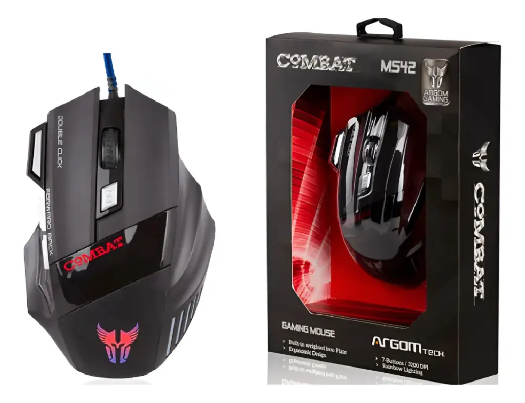 MOUSE | ARGOM | GAMING | MS2042 | COMBAT | 3200DPI | 7 BOTONES | LUCES RGB | SUB | NEGRO | ARG-MS-2042BK | ALAMBRICO