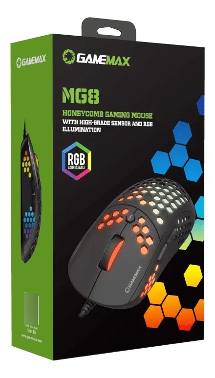 MOUSE | GAMEMAX | GAMING | MG8 | 6400DPI | 6 BOTONES | CARCASA TIPO PANAL | LED RGB | AMBIDIESTRO | USB | NEGRO