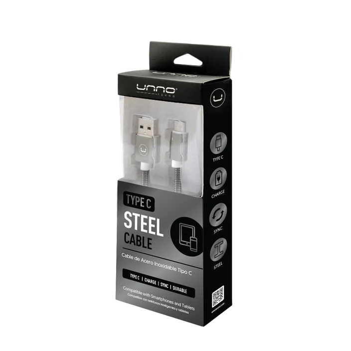 CABLE UNNO TEKNO TIPO C - USB MACHO ACERO INOXIDABLE PLATEADO CB4063GY