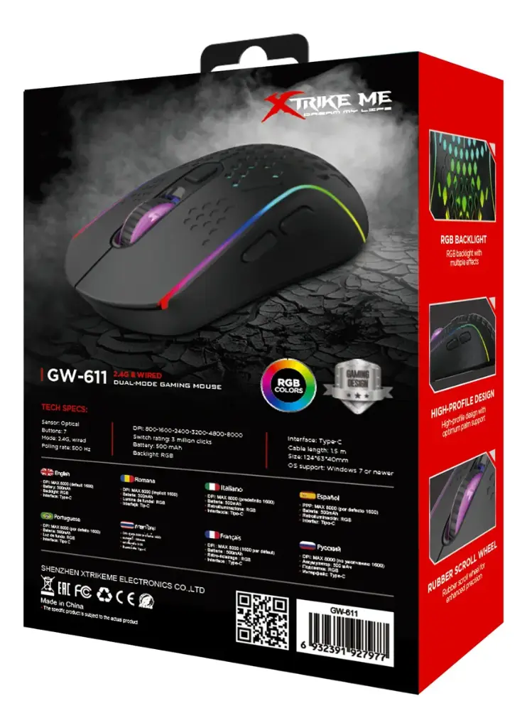 MOUSE | GAMING | ALAMBRICO E INALAMBRICO | 2.4G | XTRIKE ME | GW-611 | OPTICAL | 8000DPI | USB+2.4G | 7D | RGB | NEGRO
