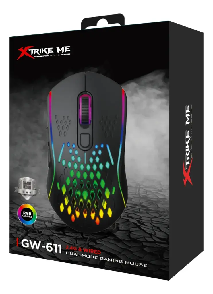 MOUSE | GAMING | ALAMBRICO E INALAMBRICO | 2.4G | XTRIKE ME | GW-611 | OPTICAL | 8000DPI | USB+2.4G | 7D | RGB | NEGRO