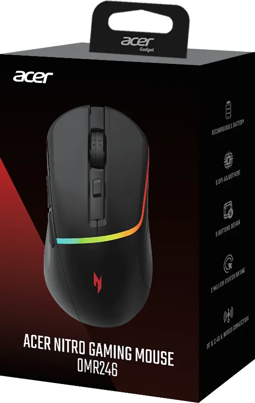 MOUSE | GAMING | INALAMBRICO | RBG | ACER | NITRO | OMR246 BK | RECARGABLE | TYPE-C | 6 BOTON 2.4GB | BLUETOOTH | 800 A 7200 DPI | NEGRO