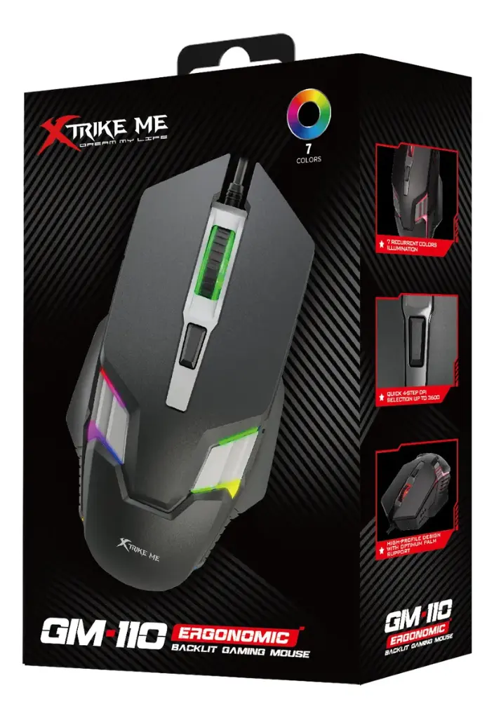 MOUSE | GAMING | XTRIKE ME | GM-110 | OPTICAL | RGB-7 | 1200/1800/2400/3600 DPI | 4D | USB | NEGRO