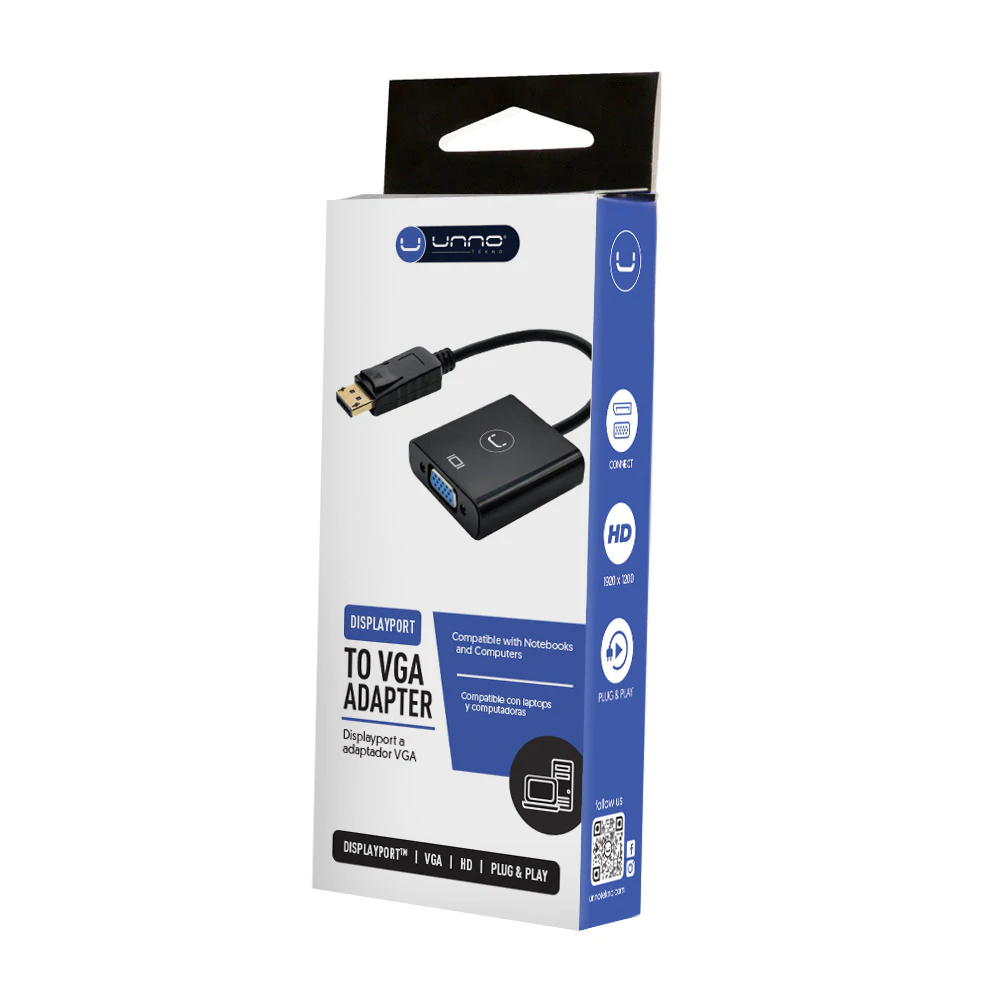 ADAPTADOR UNNO TEKNO DISPLAY PORT MACHO A VGA HEMBRA AD3006BK