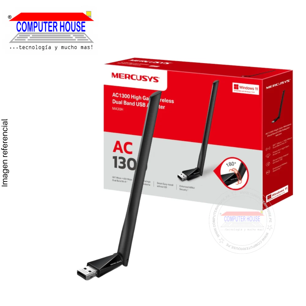 ADAPTADOR WIFI MERCUSYS USB INALAMBRICO DUAL BAND AC1300 867 MBPS (5 GHZ) + 400 MBPS (2,4 GHZ) MA30H