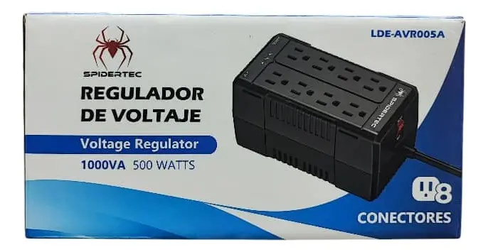 PROTECTOR REGULADOR DE VOLTAJE | SPIDERTEC | AVR005A | 1000VA | 500W | 120V | 8 TOMAS | INDICADOR LED | LDE-AVR005A