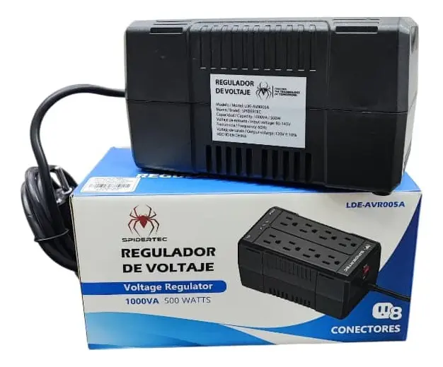 PROTECTOR REGULADOR DE VOLTAJE | SPIDERTEC | AVR005A | 1000VA | 500W | 120V | 8 TOMAS | INDICADOR LED | LDE-AVR005A