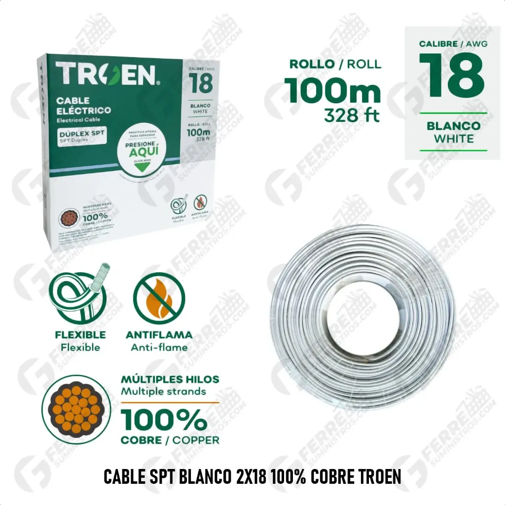 CABLE ELECTRICO | TROEN | SPT | DUPLEX | CALIBRE 18 AWG | BLANCO | 100% COBRE | SPT-18AWG X METROS