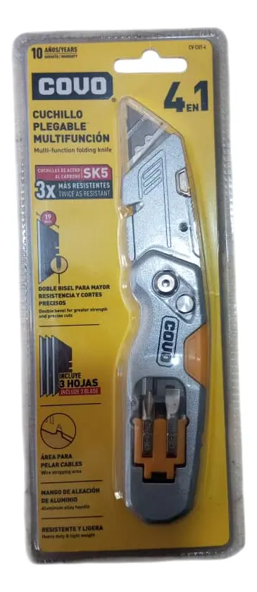 CUCHILLO PLEGABLE MULTIFUNCION | COVO | 4 EN 1 | MAGO DE ALEACION DE ALUMINIO | INCLUYE 3 HOJILLAS | CV-CUT-4