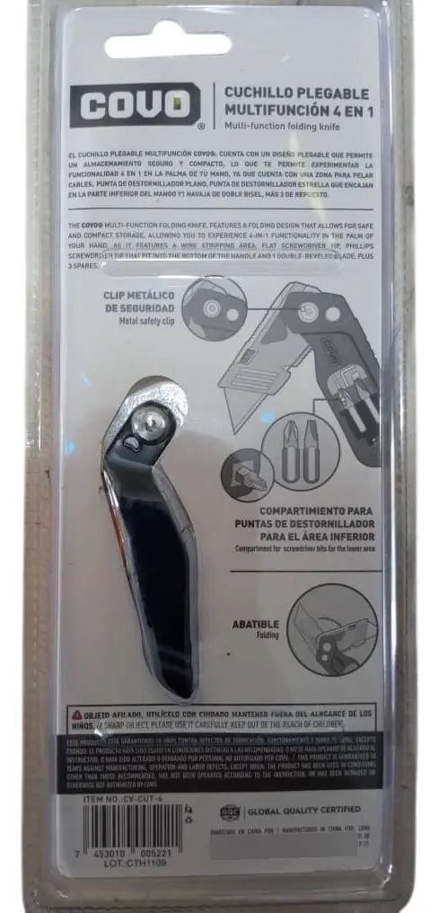 CUCHILLO PLEGABLE MULTIFUNCION | COVO | 4 EN 1 | MAGO DE ALEACION DE ALUMINIO | INCLUYE 3 HOJILLAS | CV-CUT-4