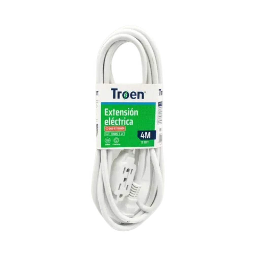 EXTENSION ELECTRICA | TROEN | 4MTS | CALIBRE 16AWG | MAXIMO 10 AMPER | BLANCO | VERDE | 3 TOMAS | A136-R02723-4-G