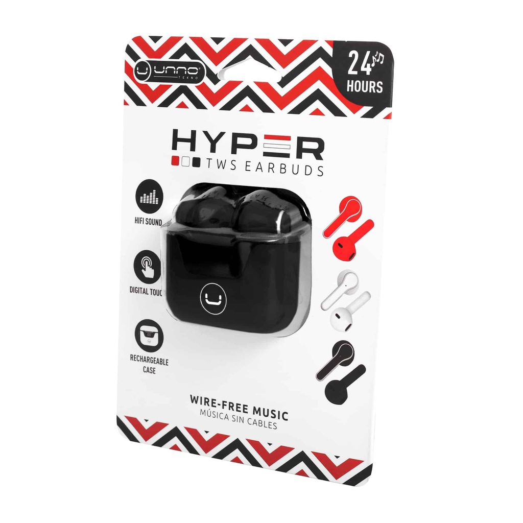 AUDIFONOS | UNNO TEKNO | HIPER TWS | MICROFONO | INALAMBRICO | ESTUCHE | BLUETOOH 5.0 | NEGRO | HS7507BK