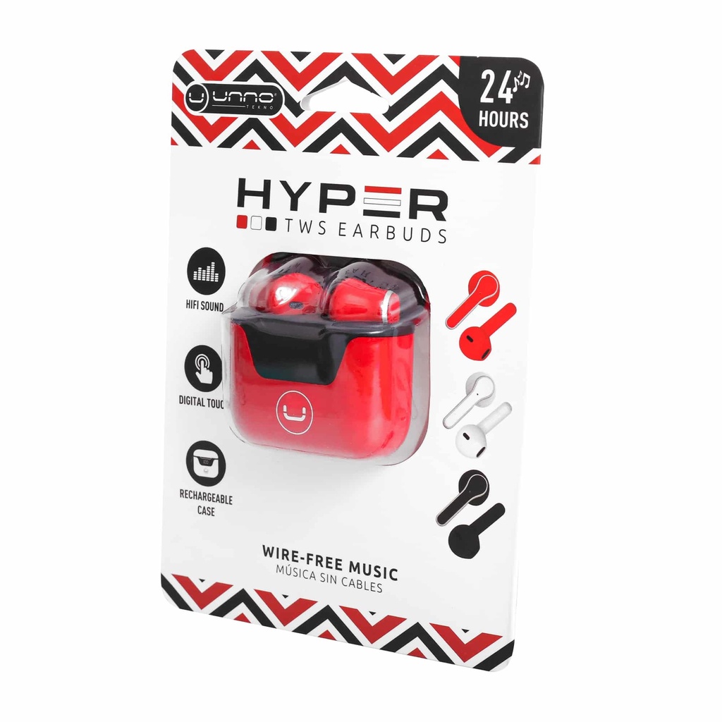 AUDIFONOS | UNNO TEKNO | HYPER TWS | MICROFONO | INALAMBRICO | ESTUCHE | BLUETOOTH 5.0 | ROJO | HS7507RD