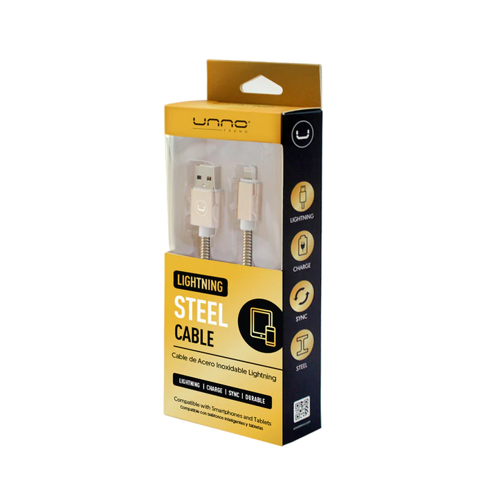 CABLE | UNNO TEKNO | LIGHTNING MACHO | USB MACHO | ACERO | INOXIDABLE | DORADO | CB4063GD