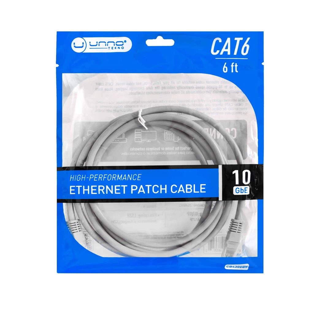 CABLE | UNNO TEKNO | CONEXION ETHERNET | CAT 6 | 3MTS | GIGABIT ETHERNET | U|UTP | CALIBRE 26AWG | CB4306GY