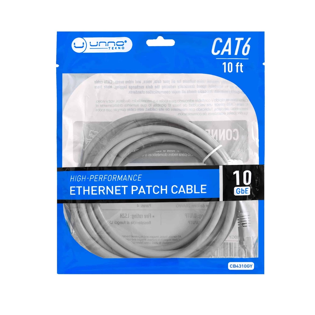 CABLE | UNNO TEKNO | CONEXION ETHERNET | CAT 6 | 3MTS | GIGABIT ETHERNET U|UTP | CALIBRE 26AWG | CB4310GY
