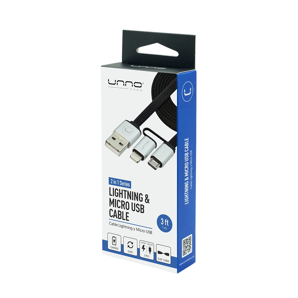 CABLE | UNNO TEKNO | LIGHTNING MACHO - MICRO USB - USB MACHO | 3 EN 1 | BLANCO | CB4057SV