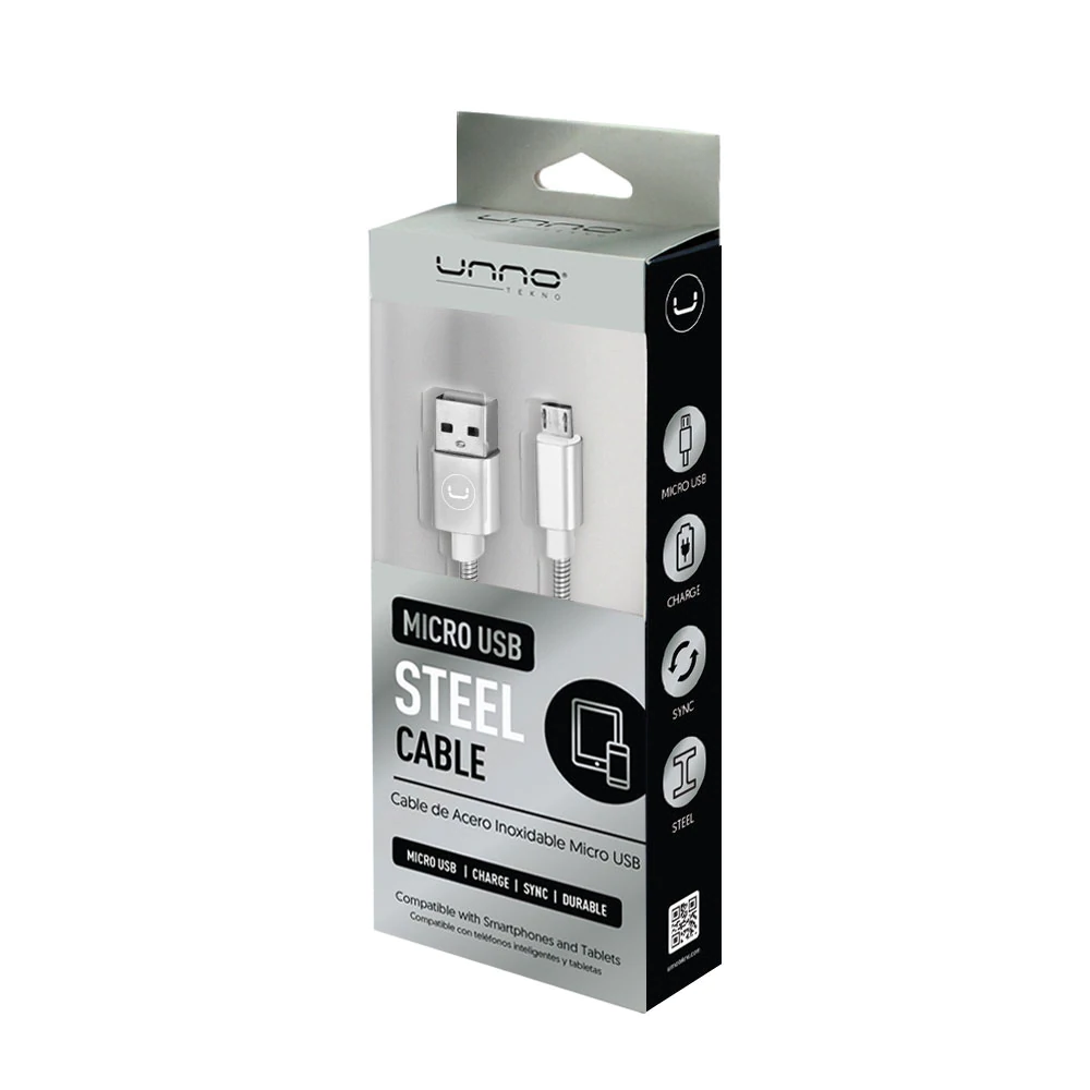 CABLE | UNNO TEKNO | MICRO USB - USB MACHO | ACERO INOXIDABLE | PLATEADO | CB4063SV