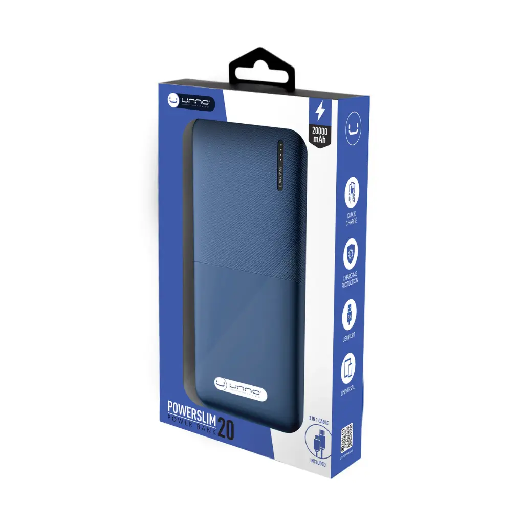 CARGADOR DE BATERIA | (POWER BANK) | UNNO TEKNO | SLIM | 20000MAH | USB DOBLE USB C - USB B | 5V | PB2220BL