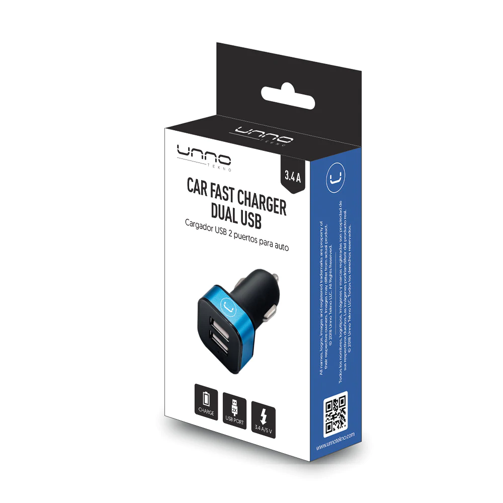 CARGADOR | UNNO TEKNO | 2 PUERTOS USB - PARA CARRO 3.4AMP | 12V | INDICADOR LED | PW5021BK