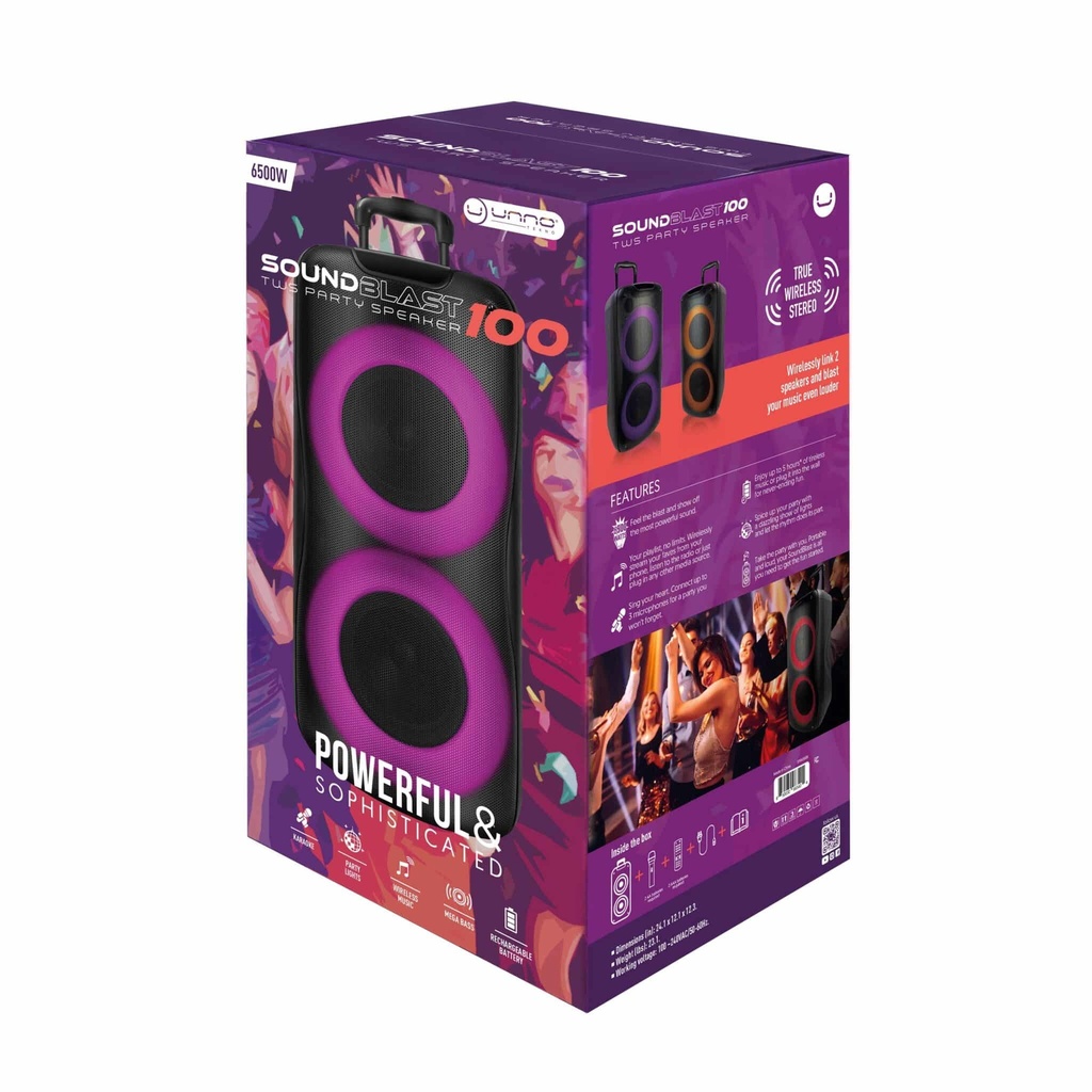 CORNETAS | UNNO TEKNO | SP9436BK | SOUNBLAST | ALTAVOZ | 8" | 6500W | RADIO FM | BT MICROFONO