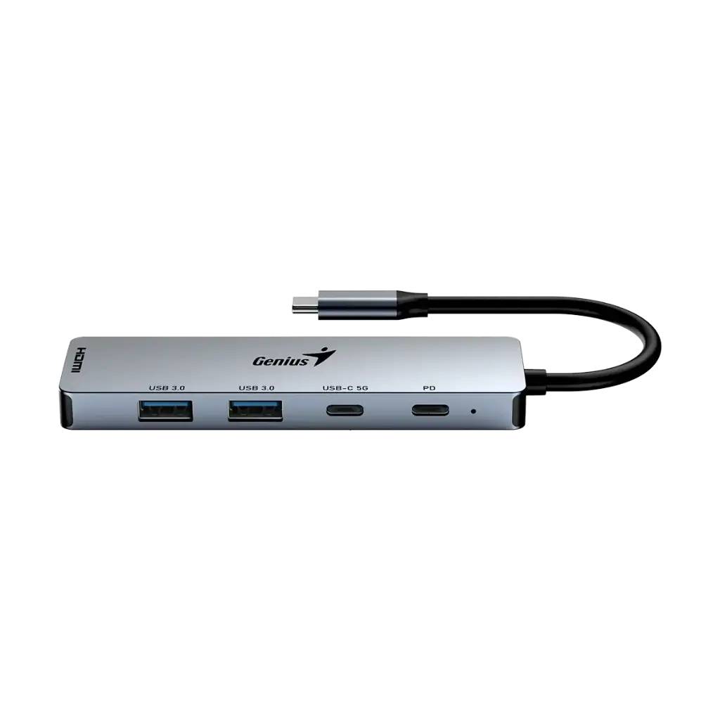 HUB | GENIUS | 5 EN 1 | UH-500 | TIPO-C | 2 USB 3.0 | 1 PD | 100W | 1 HDMI 4K | GRIS PLOMO