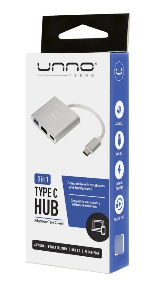 HUB MINI | UNNO TEKNO | 3 PUERTOS | HDMI 4K + USB 3.0 + PD | 60W | 3 AMP | HB1101SV