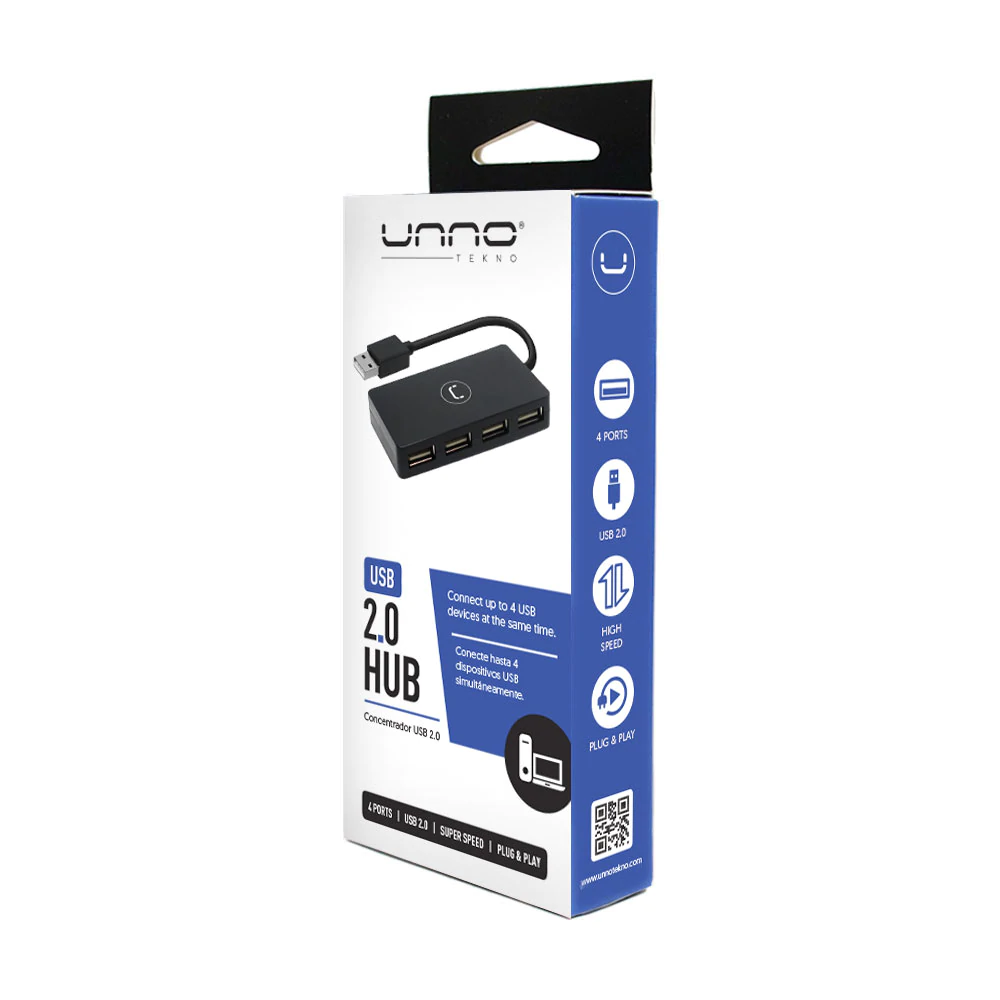 HUB MINI | UNNO TEKNO | 4 PUERTOS | USB 2.0 | HB1008BK