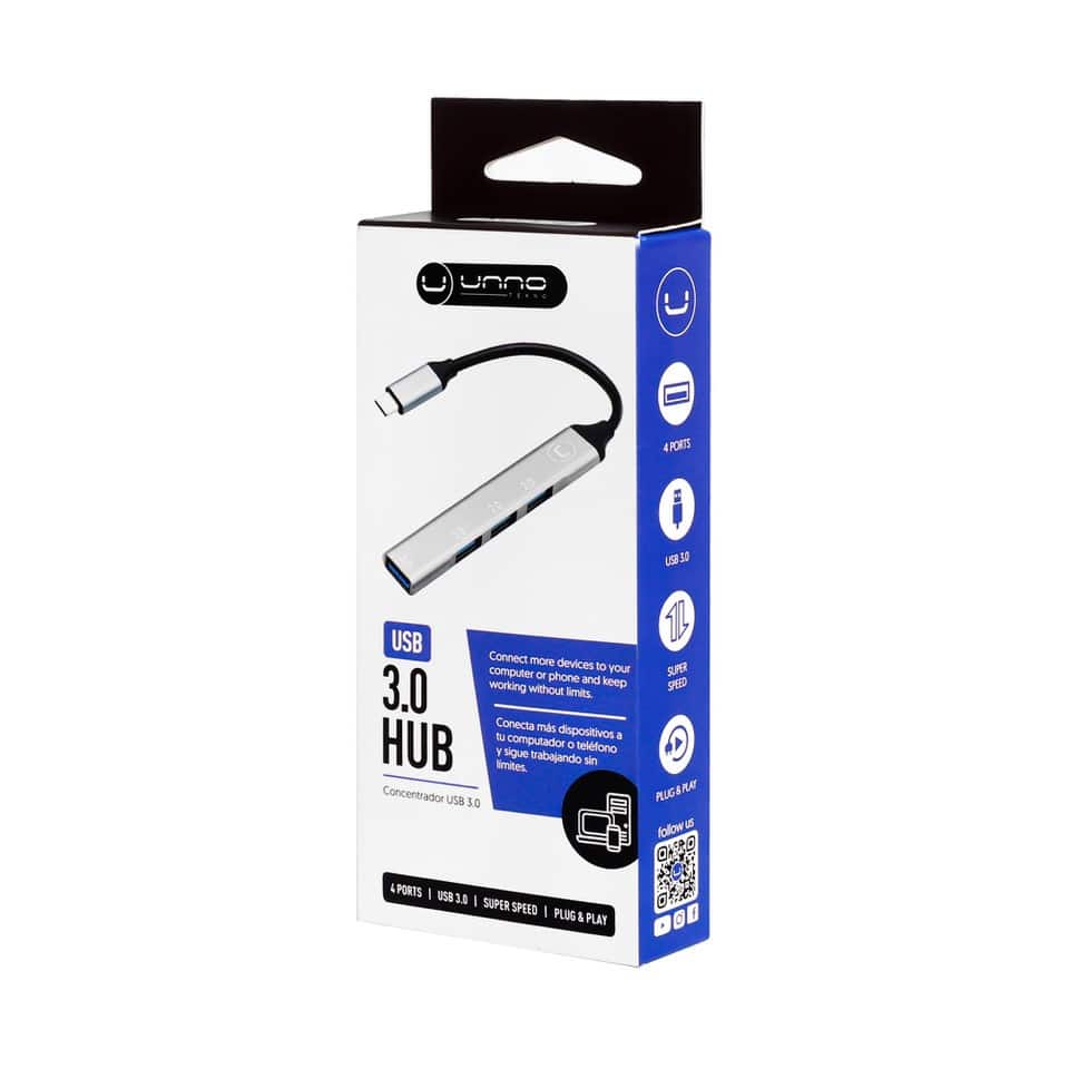 HUB MINI | UNNO TEKNO | 4 PUERTOS | USB C A USB A | HB1013SV