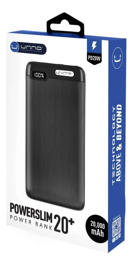 POWER BANK | UNNO TEKNO | POWER SLIM | PB2320BK | 20000MAH | USB-C | 2X USB-A | MICRO USB