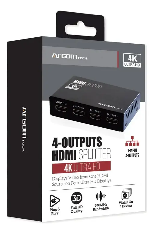 SPLITTER | ARGOM | HDMI | 4 EN 1 | 4K | ULTRA HD | FULLHD | 3D | 340MHZ | ARG-AV-5114