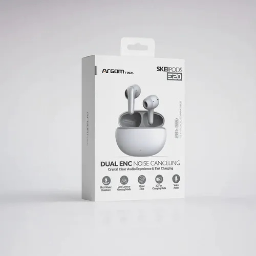 AUDIFONO ARGOM SKEIPODS E20 | BLUETOOTH 5.3 | IPX5 | RESISTENTE AL AGUA | TIPO-C | CONTROL TACTIL | BLANCO | ARG-HS-5020WT