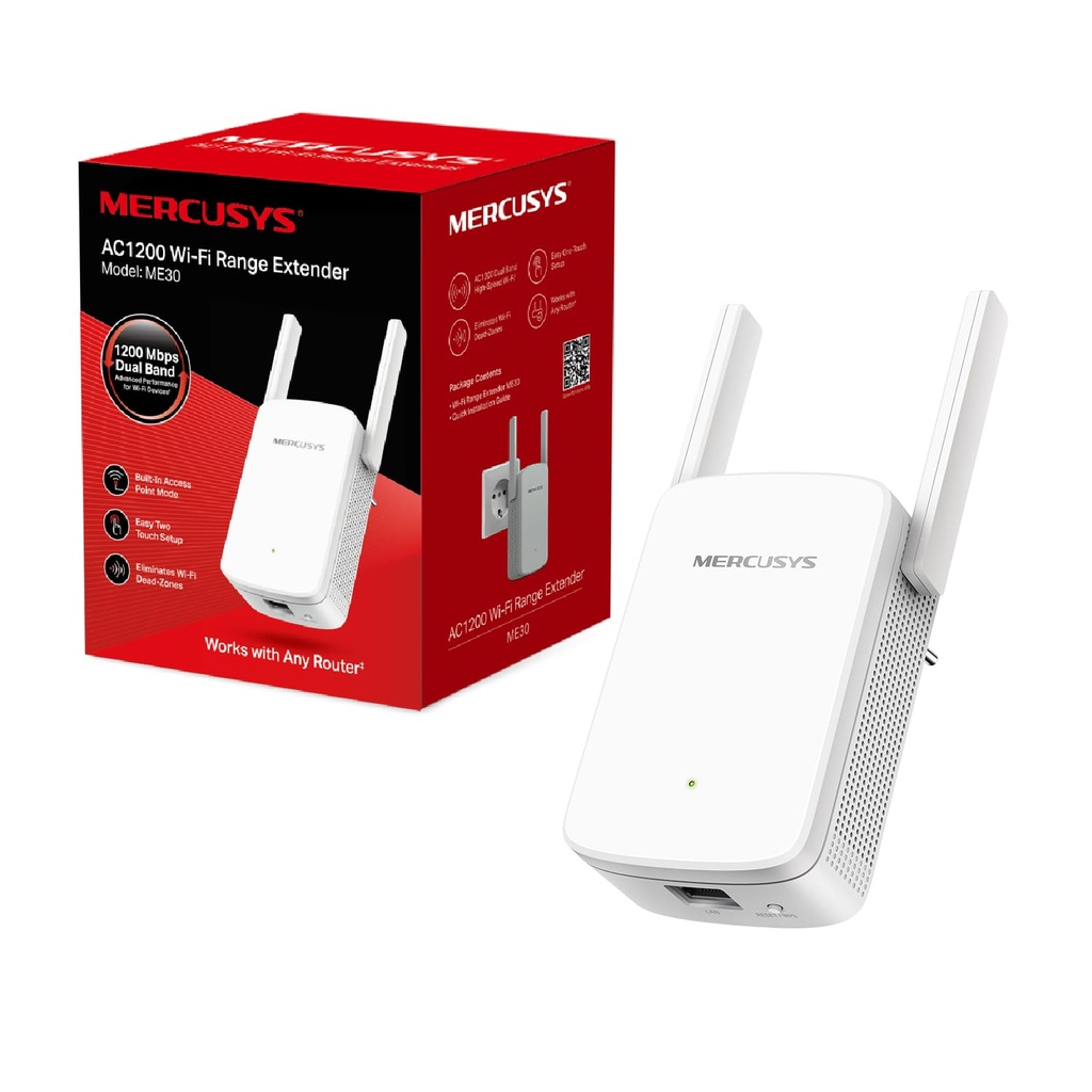 EXTENSOR | REPETIDOR | MERCUSYS | ME30 | AC1200 | DUALBAND | 2.4GHZ | 5GHZ | 2 ANTENAS | 1 PUERTO  | RJ45 | 10/100 MBPS