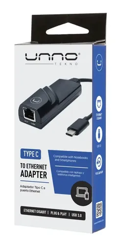 ADAPTADOR | UNNO TEKNO | TIPO C | LAN | ETHERNET | 1GBPS | AD3002BK