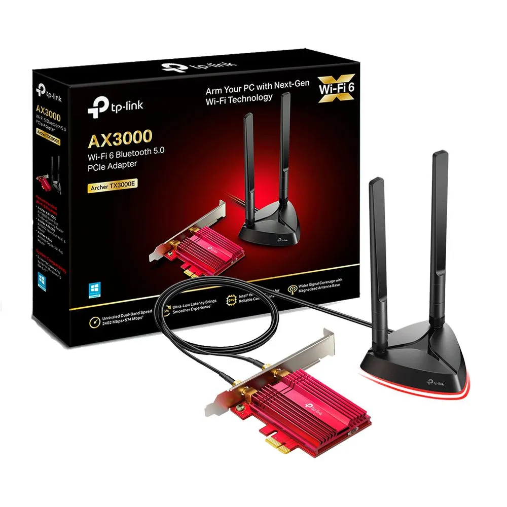 TARJETA DE RED TP-LINK TX3000E ADAPTADOR WIFI 6 BLUETOOTH 5.2 PCI EXPRESS GIGABIT AX3200 2 ANTENAS EXTERNAS MAGNETICAS