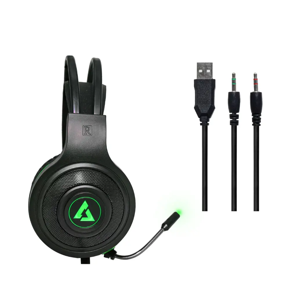AUDIFONOS UNNO TEKNO GAMING BRAVE MICROFONO 3.5 USB LUCES VERDE HS7235GN