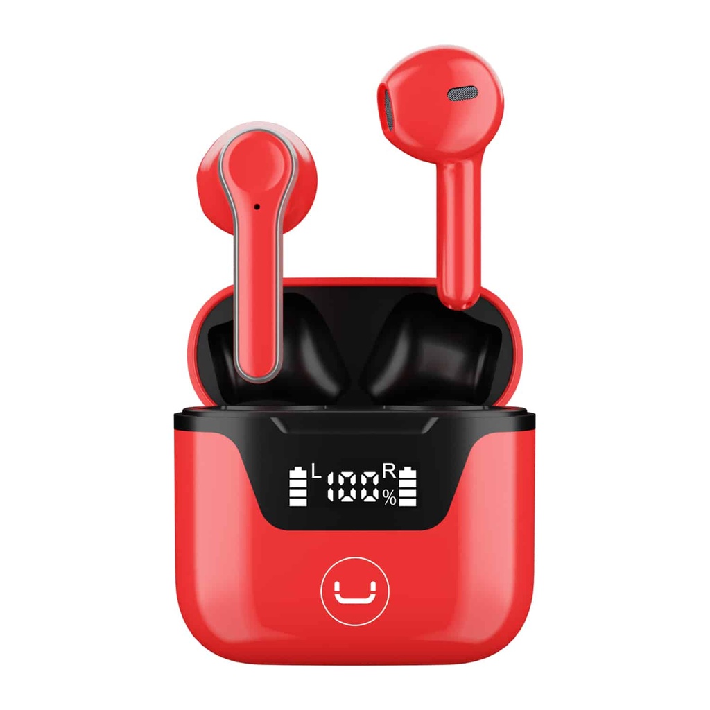 AUDIFONOS UNNO TEKNO HYPER TWS MICROFONO INALAMBRICO ESTUCHE BLUETOOH 5.0 ROJO HS7507RD