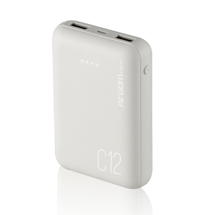 POWER BANK ARGOM C12 / ULTRA COMPACTO / 12.000MAH / 2 USB / BLANCO ARG-PB-1138WT                                                                                           