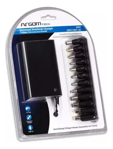 CARGADOR ADAPTADOR UNIVERSAL ARGOM LAPTOP NOTEBOOK 90W 12 PUNTAS PUERTO USB ARG-AC-0097                                 