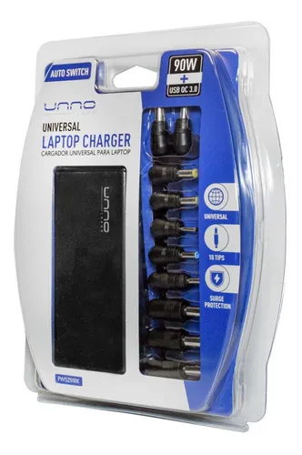 CARGADOR ADAPTADOR UNIVERSAL PARA LAPTOP UNNOTEKNO 90W / 10 PUNTAS PUERTO USB 110V-240 PW5291BK
