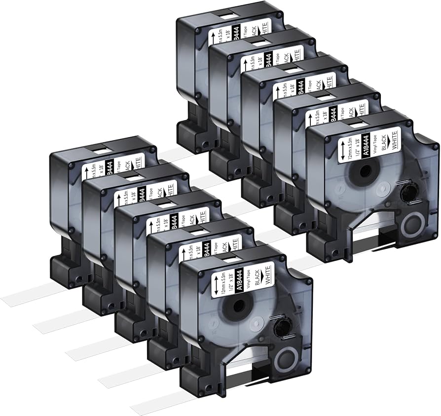 CINTA ETIQUETADORA 10 PACK COMPATIBLE CON DYMO RHINO PRO IND 18444 1|2 PULGADA NEGRO SOBRE BLANCO