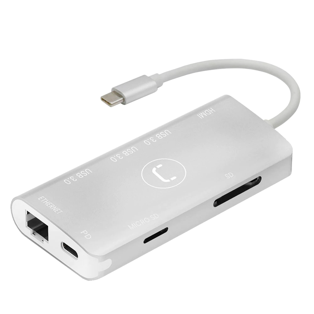 HUB UNNO TEKNO TIPO C 8 EN 1 HDMI 4K USB 3.0 RJ45 SD PUERTO CARGA HB1108SV
