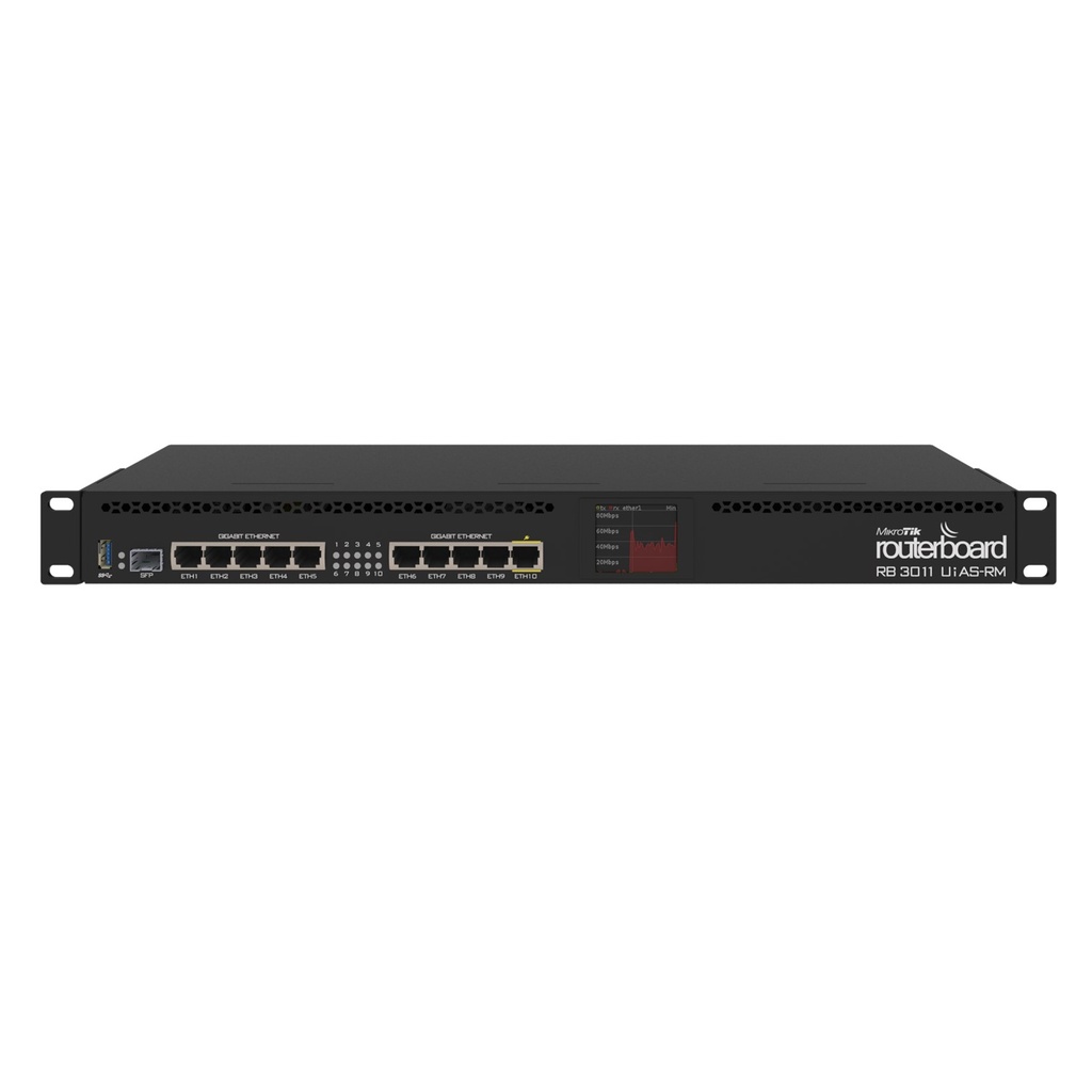 MIKROTIK ROUTERBOARD CPU 2 NUCLEOS 10 PUERTOS GIGABIT 1 SFP LICENCIA NIVEL 5 RACK RB3011UIAS-RM