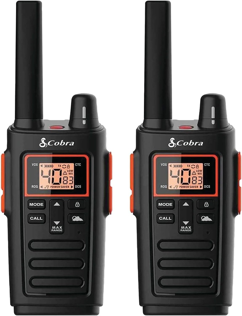 RADIOS | COBRA | WALKIE TALKIES | RX380 | (PAQUETE DE 2) | BIDIRECCIONALES | LARGO ALCANCE | 40 CANALES PREPROGRAMADOS | ALERTAS METEOROLÓGICAS | LINTERNA LED | BATERÍAS NIMH DE LARGA DURACION | BBORX380