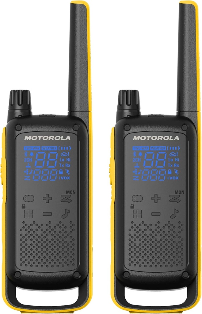 MOTOROLA T470 TALKABOUT RADIOS BIDIRECCIONALES RECARGABLE 22 CANALES 35 MILLAS NEGRO CON AMARILLO PAQUETE DE 2 UNIDADES