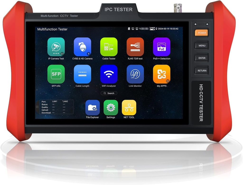 TESTER CCTV PROFESIONAL 8" 4K | IP | POE | WIFI | SFP | CVBS | AHD | TVI | CVI | PTZ | TOUCH | TESTER LAN | BATERIA E89