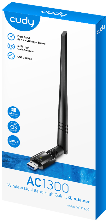 ADAPTADOR USB WIFI CUDY WU1400 AC1300 USB 3.0DUALBAND 1 ANTENA