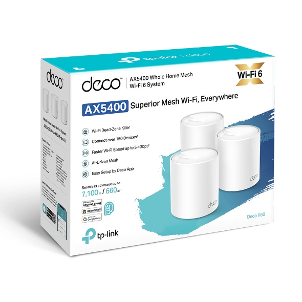 ROUTER TPLINK DECO X60 AX5400 WHOLE HOME MESH WIFI SYSTEM DUAL BAND WIFI 6 3 PACK DECO-X60-3P